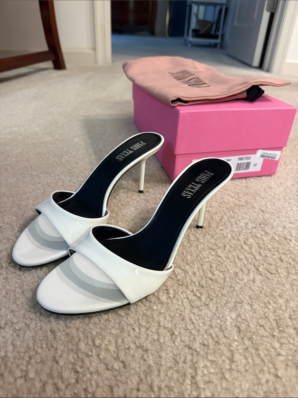 Paris Texas Lydia White Patent Open-Toe Stiletto Slide 38 or 7.5